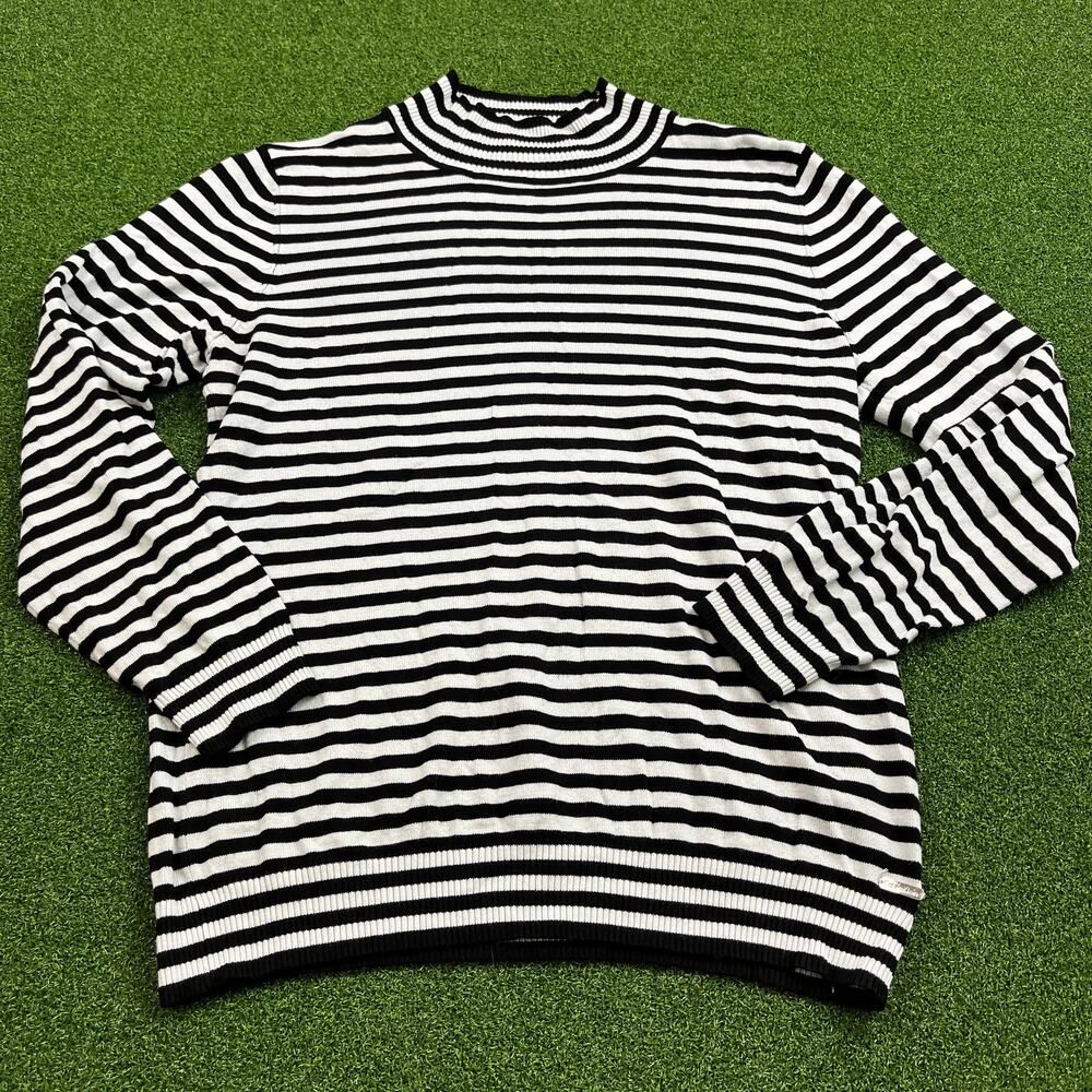 Calvin Klein Womens Black White Striped Mock Neck Sweater Sz L